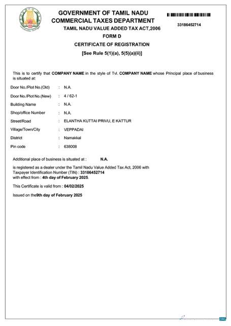 India Tamil Nadu VAT registration certificate Word and PDF template